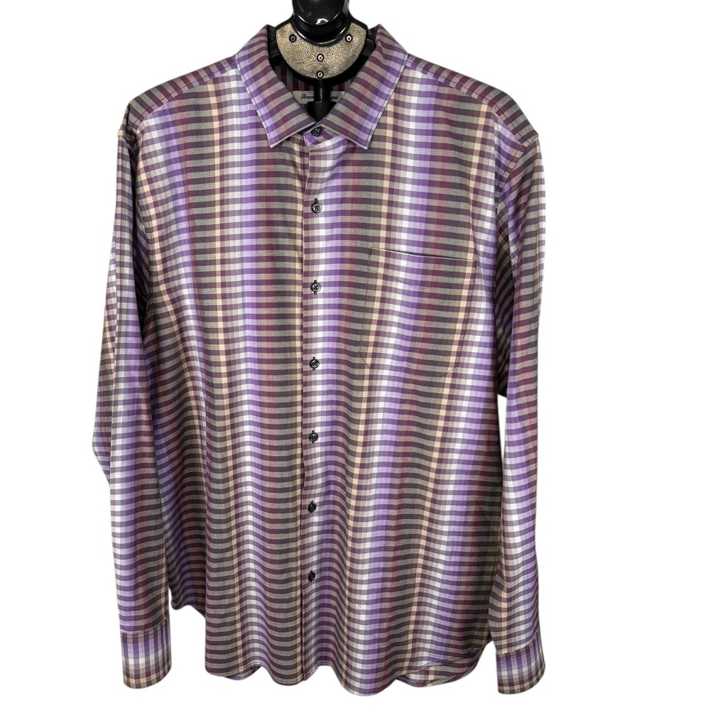 Tommy Bahama Mens XL Purple Plaid Silk Blend Long Sleeve Button Down T323613